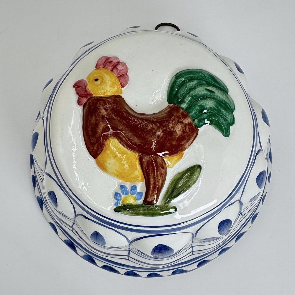 Vtg ABC Bassano Italy Rooster Ceramic Mold Hand Painted Wall Hanging Blue White